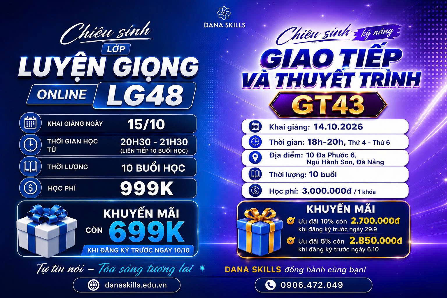 🎤 TUYỂN SINH THÁNG 10 – KHÓA GIAO TIẾP GT43 & LUYỆN GIỌNG LG48